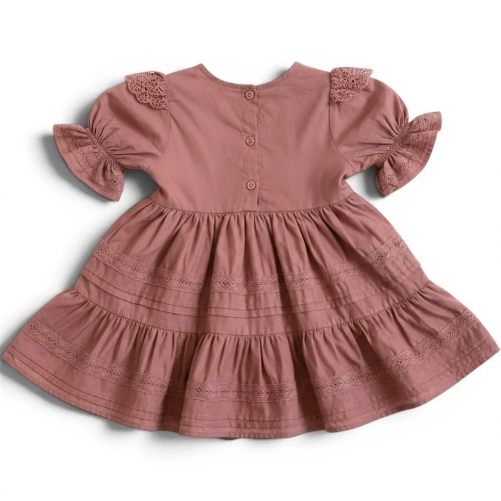 Noralee Genevieve Dress in Poppy Pink Lace Size 2 | Tiered Cotton Kids Girly
